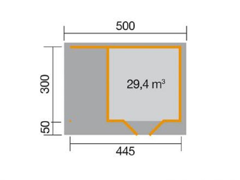445 x 300cm  weka Designhaus 126 A Gr.3, grau, 28 mm, Doppeltür, Anbau 150 cm, ohne RW