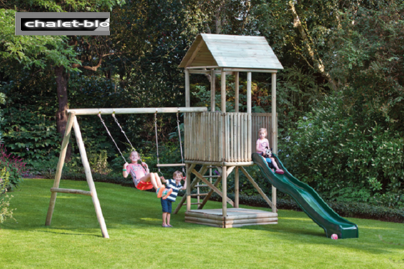 Kinder  Spielturm mit Schaukel Alex  430cm x 130cm  inkl. Garnitur und 4 Ankern