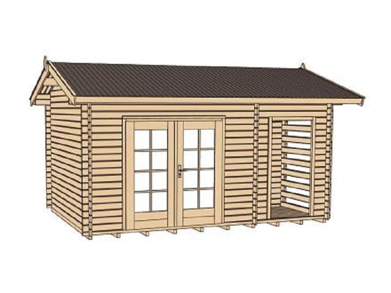 450 x 300cm  Gartenhaus 150, 28 mm, Doppeltür, mit Holzlager und Geräteraum