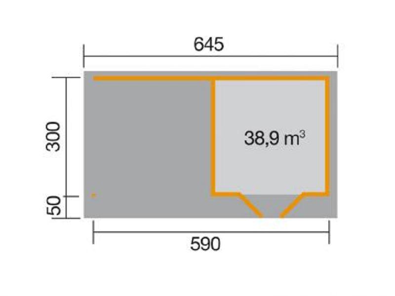 590 x 300cm  weka Designhaus 126 B Gr.3, schwedenrot, 28 mm, Doppeltür, Anbau 300 cm