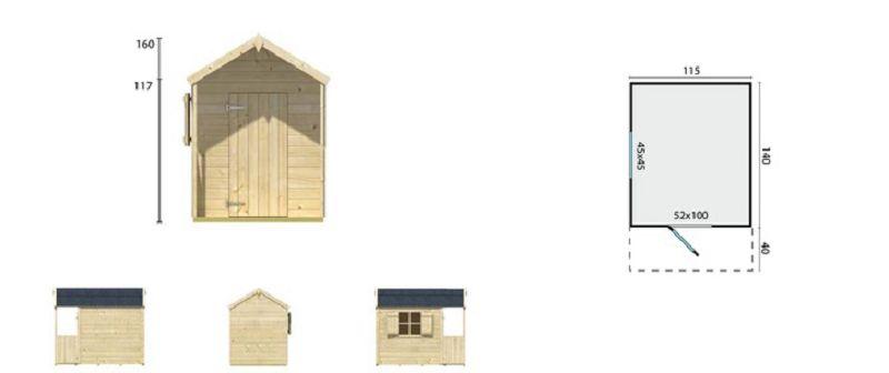Holzspielhaus Spielhütte Spielhaus   Pinoccio 16 mm 180cm x 115cm  inkl. Dachpappe